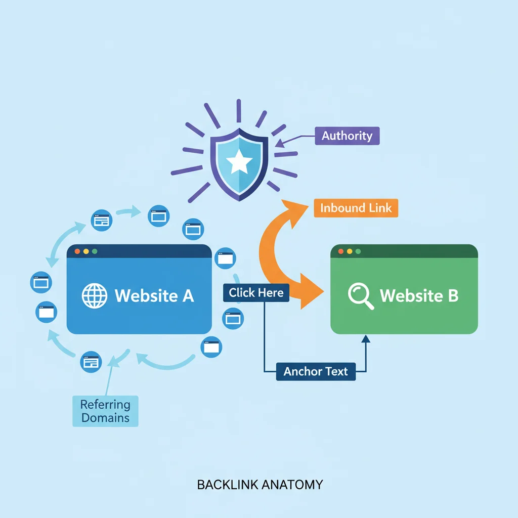Diagram explaining backlink components — inbound links, anchor text, referring domains, and authority.