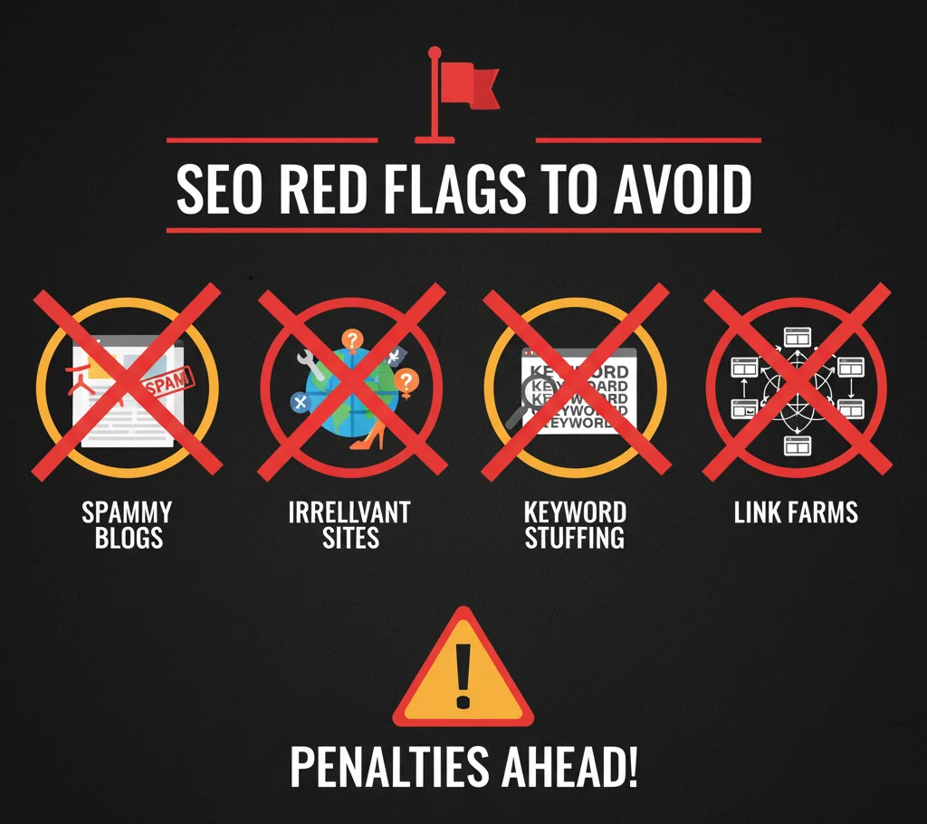 Infographic showing types of bad backlinks to avoid for healthy SEO.