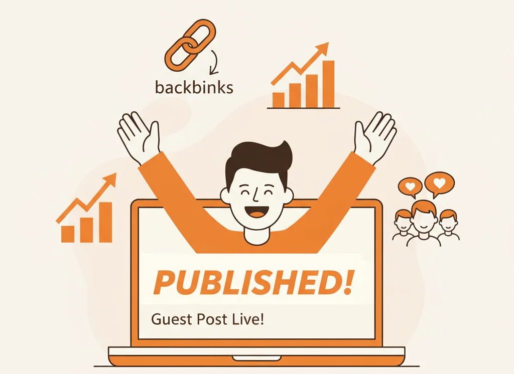 Guest posting illustration showing how backlinks build SEO authority and audience trust