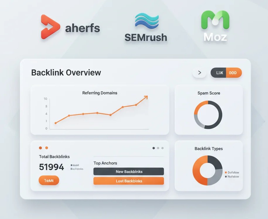 Illustration of backlink analysis tools used for SEO tracking.