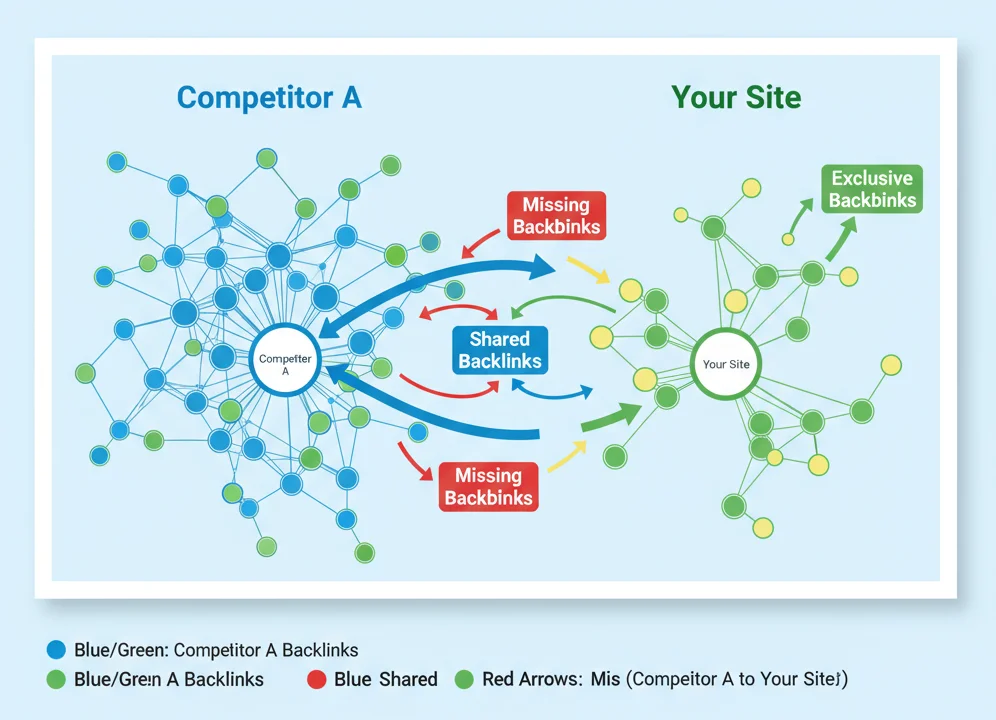 Infographic comparing competitor backlinks to find new SEO opportunities.