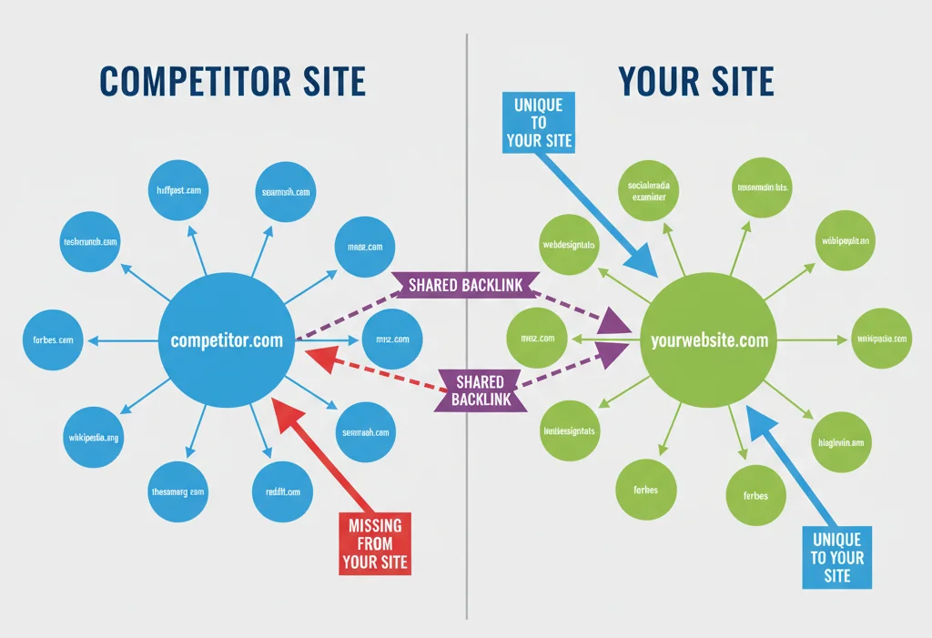 Infographic comparing competitor backlinks to identify SEO link-building opportunities.