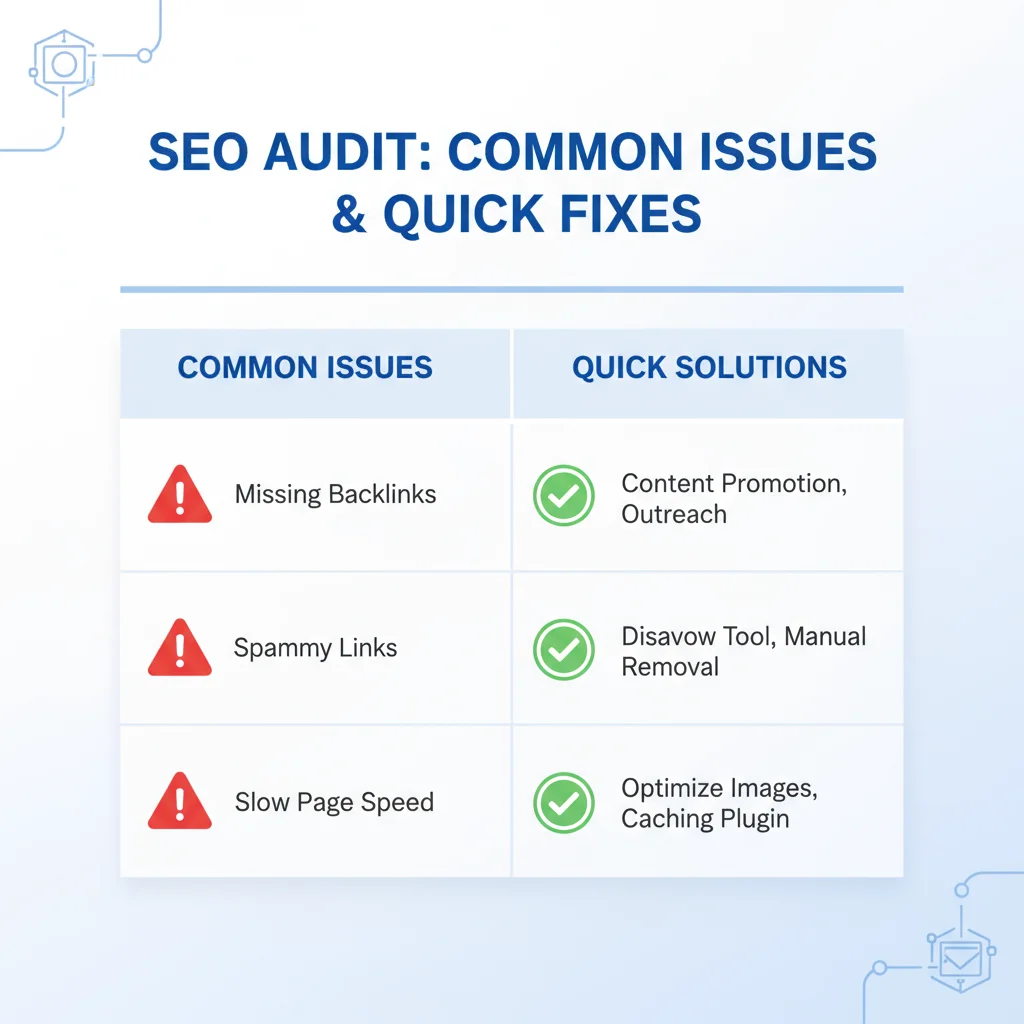 Infographic listing common backlink issues and their quick SEO solutions.