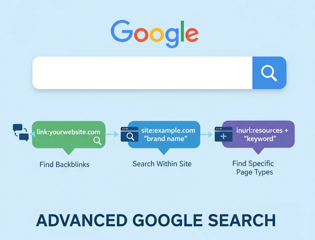 Infographic showing Google search operators used to find backlinks and mentions.