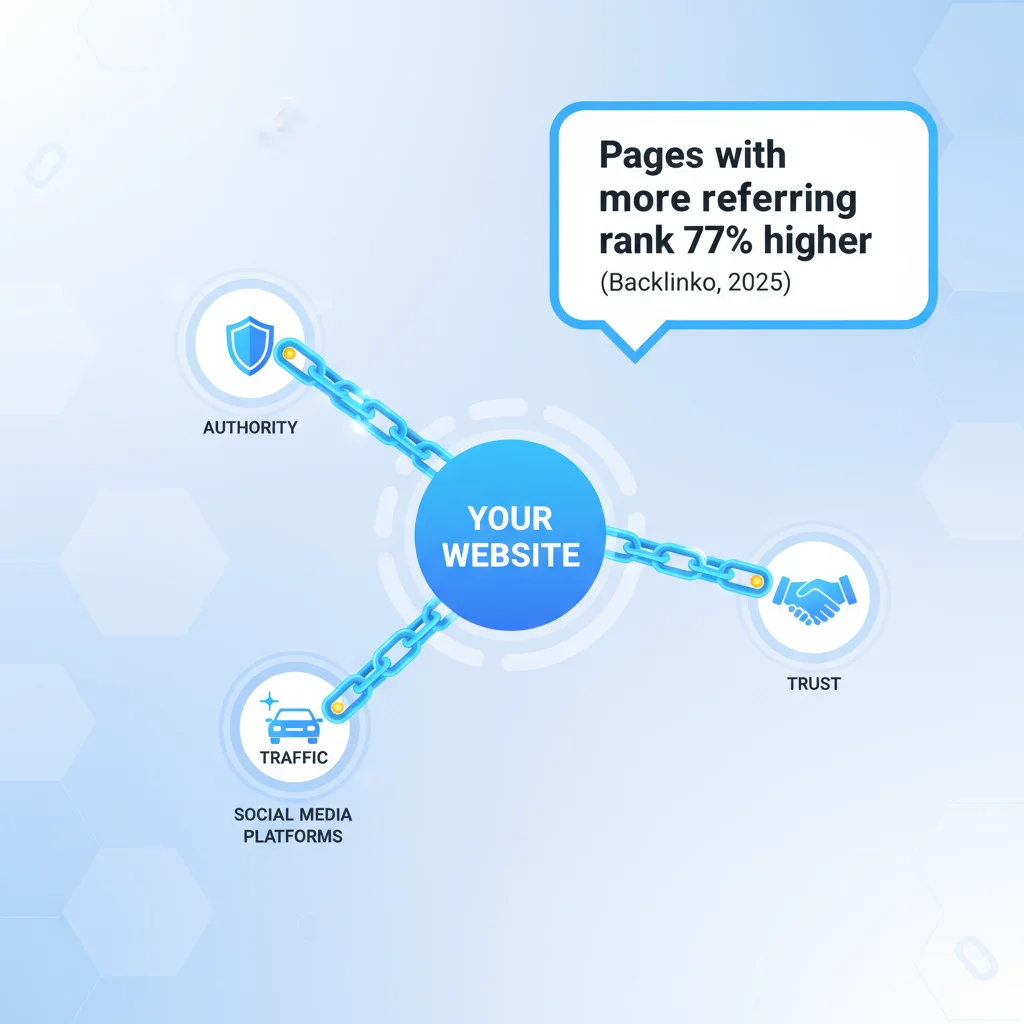Infographic showing how backlinks improve authority, traffic, and SEO rankings.