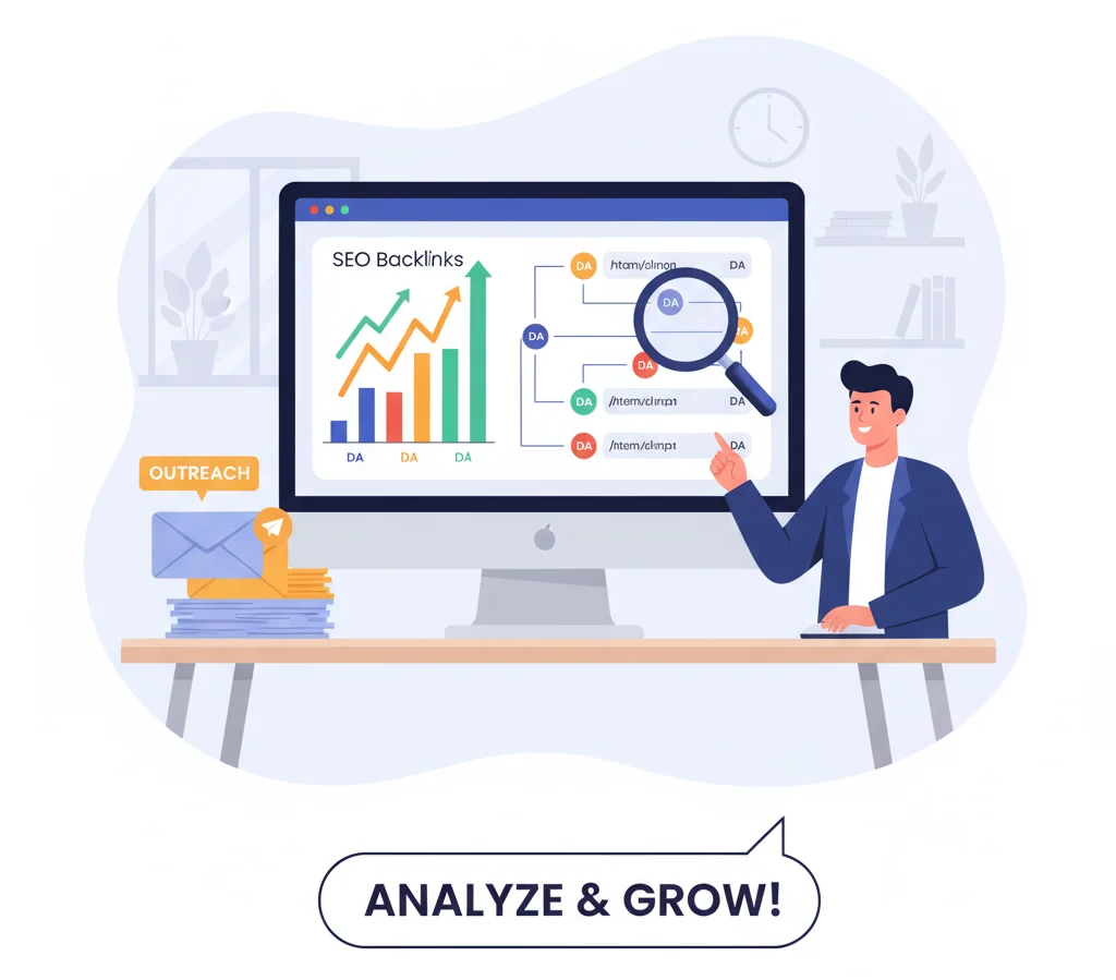 Step-by-step backlink research and outreach illustration