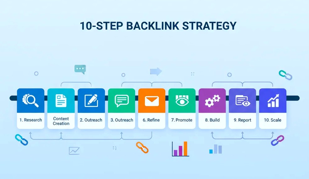 Step-by-step backlink strategy process in 3D infographic layout.