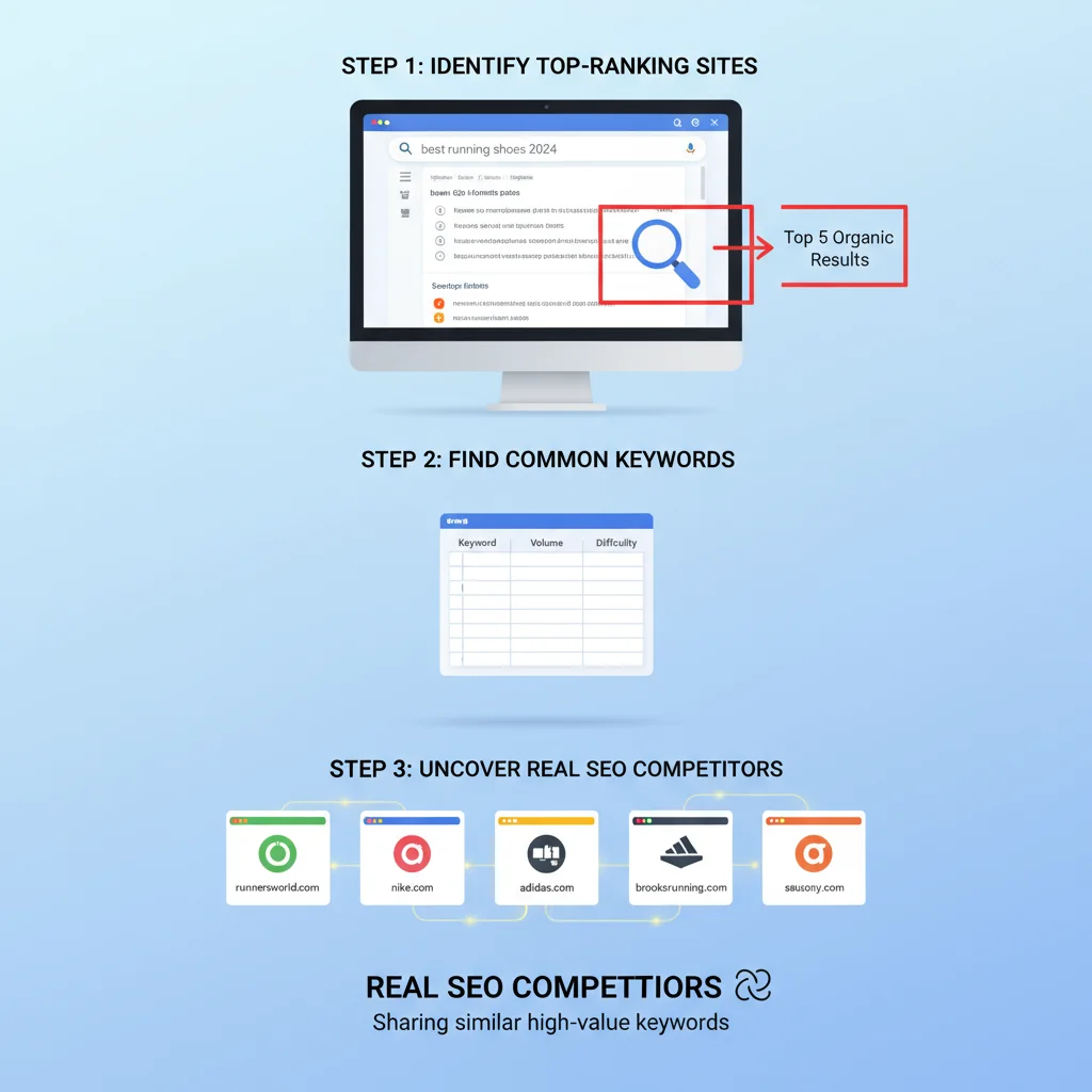 Visual explaining how to identify true SEO competitors from Google search results