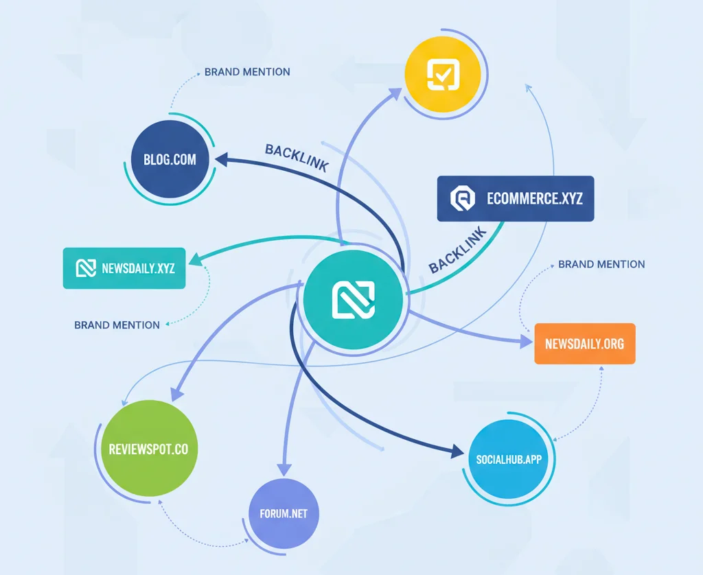 Visual showing how backlinks connect websites and build SEO trust