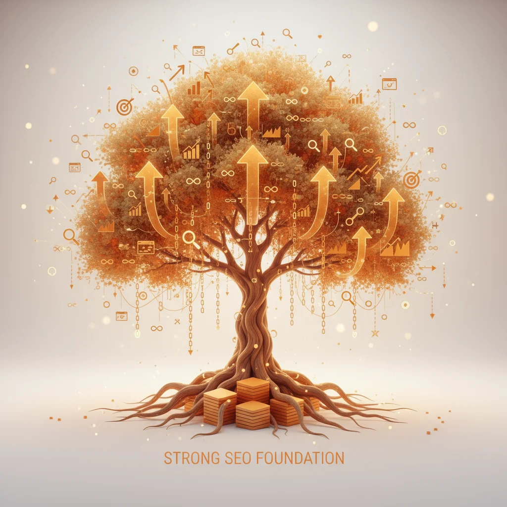 Concept art showing backlinks growing like a tree representing long-term SEO success