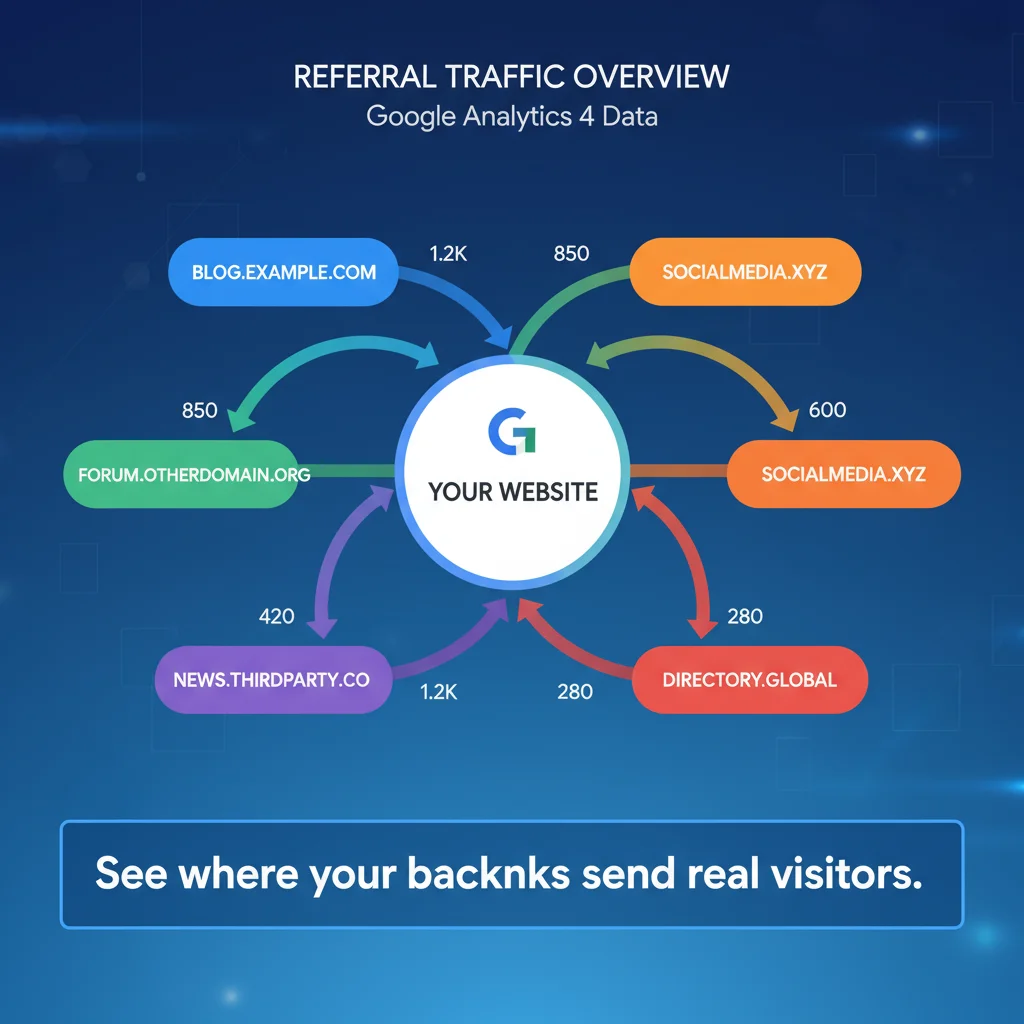 Infographic showing referral traffic analysis through Google Analytics 4 for backlinks.