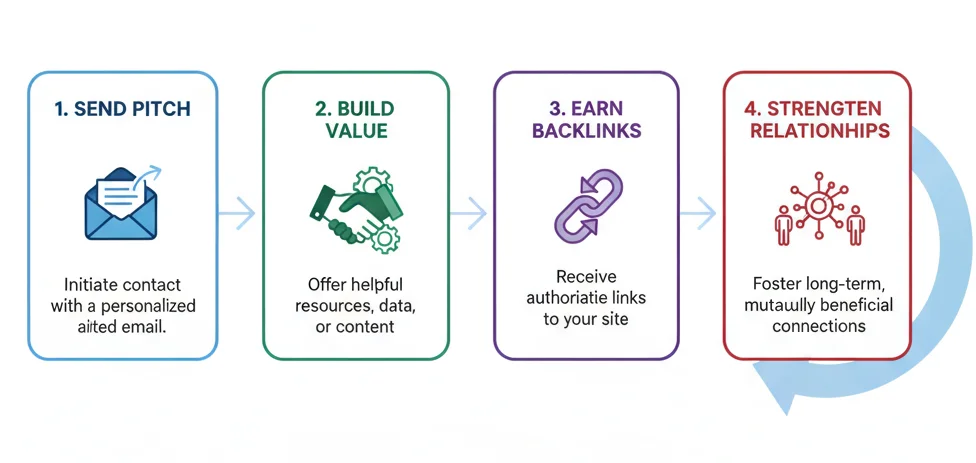 Infographic explaining how to earn backlinks through outreach and value