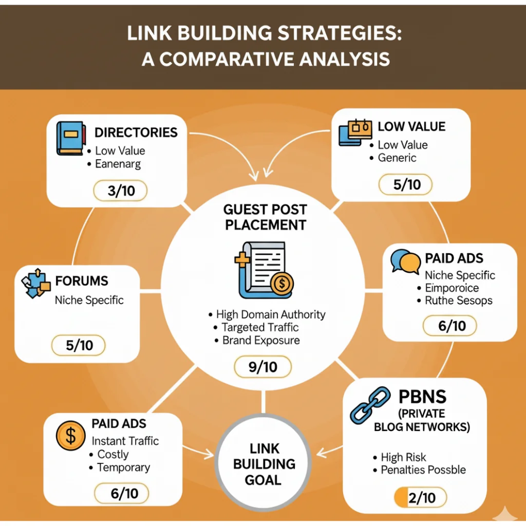 guest post placement with other link building methods like directories, forums, paid ads, and PBNs