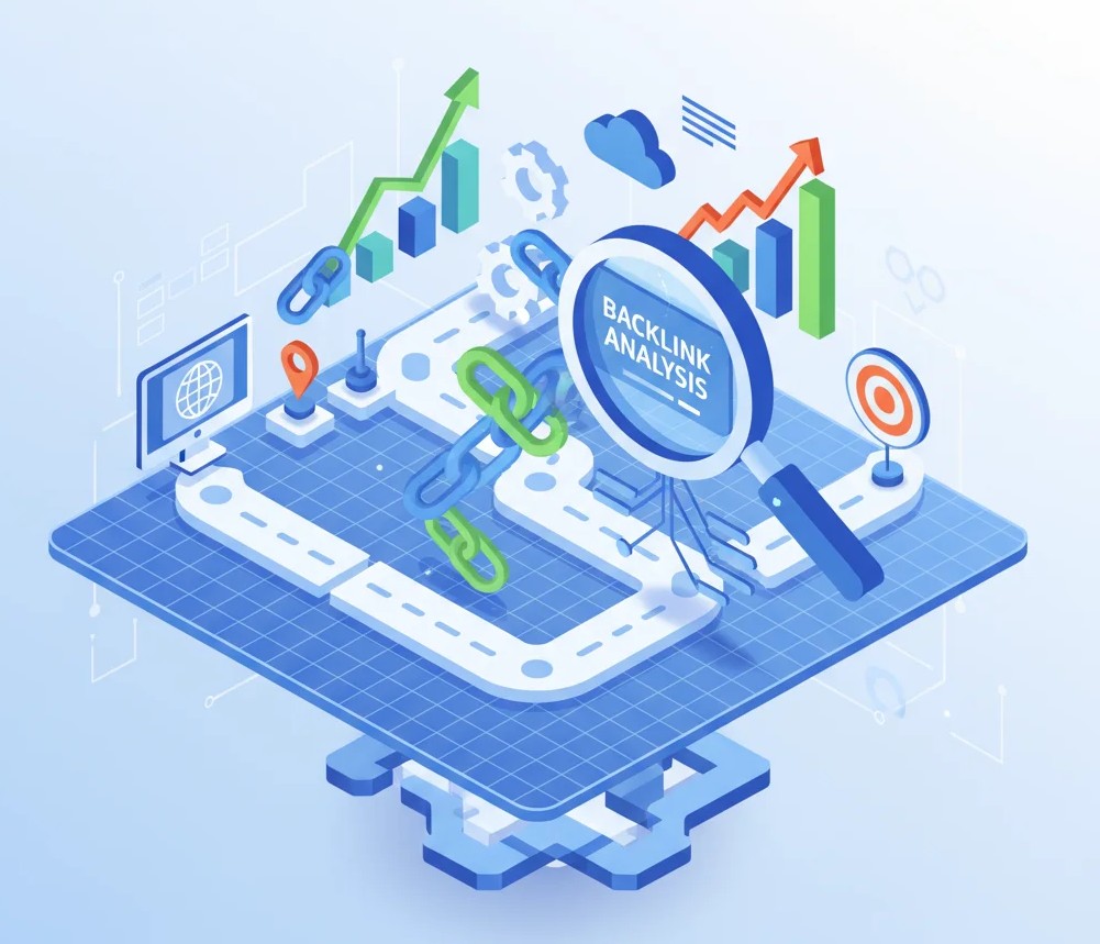 SEO backlink strategy blueprint with roadmap and link icons.