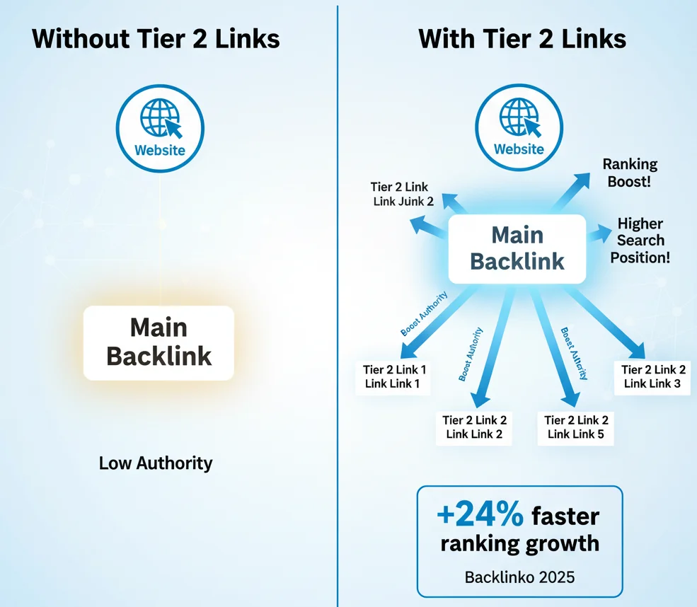 Comparison showing how Tier 2 backlinks amplify the strength of Tier 1 links for faster SEO growth.