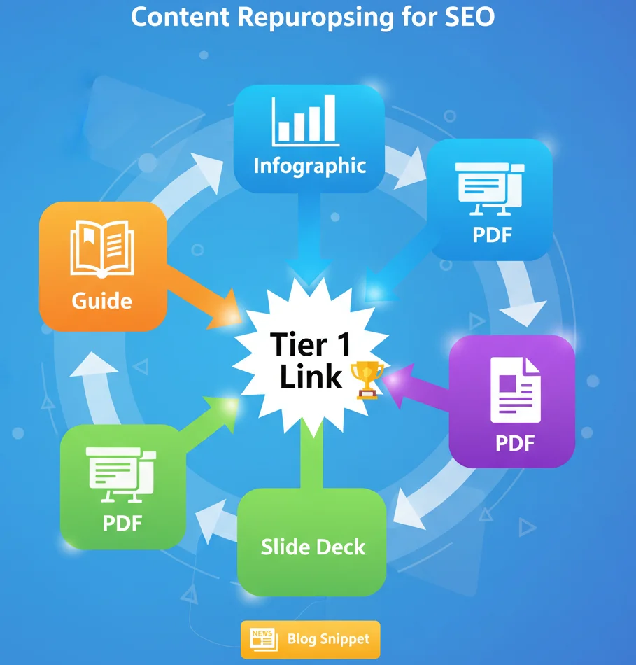 Diagram showing different content formats repurposed to build tier 2 links