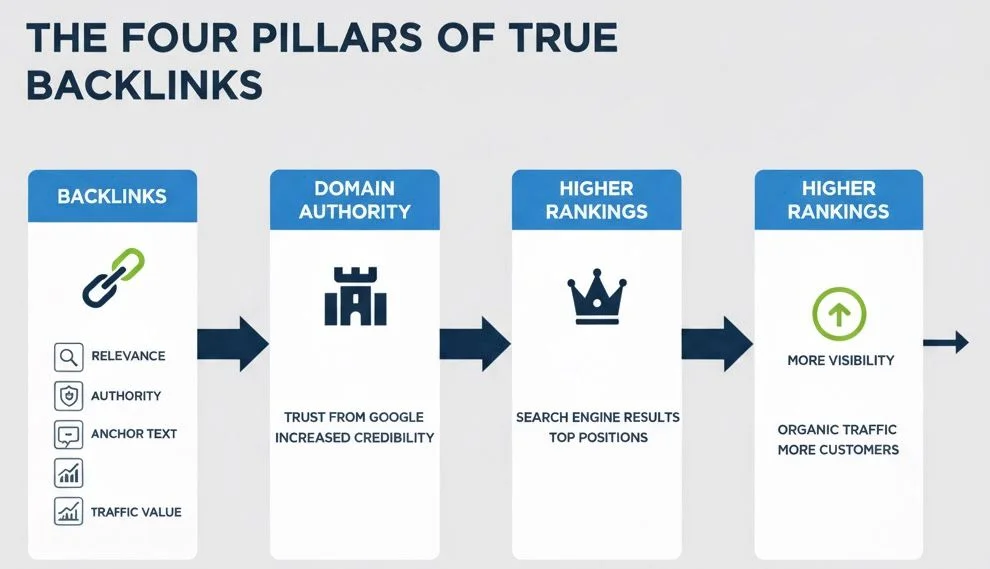 Diagram showing how true backlinks improve domain authority and SEO ranking.