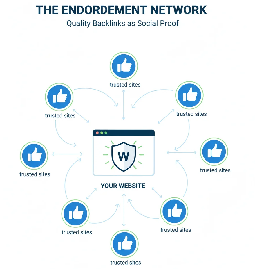 Infographic showing backlink profile as social proof and endorsement network.
