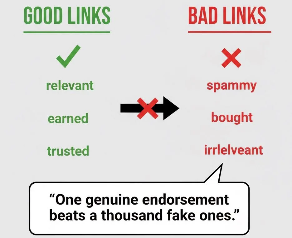 Infographic comparing good backlinks vs bad backlinks for SEO authority