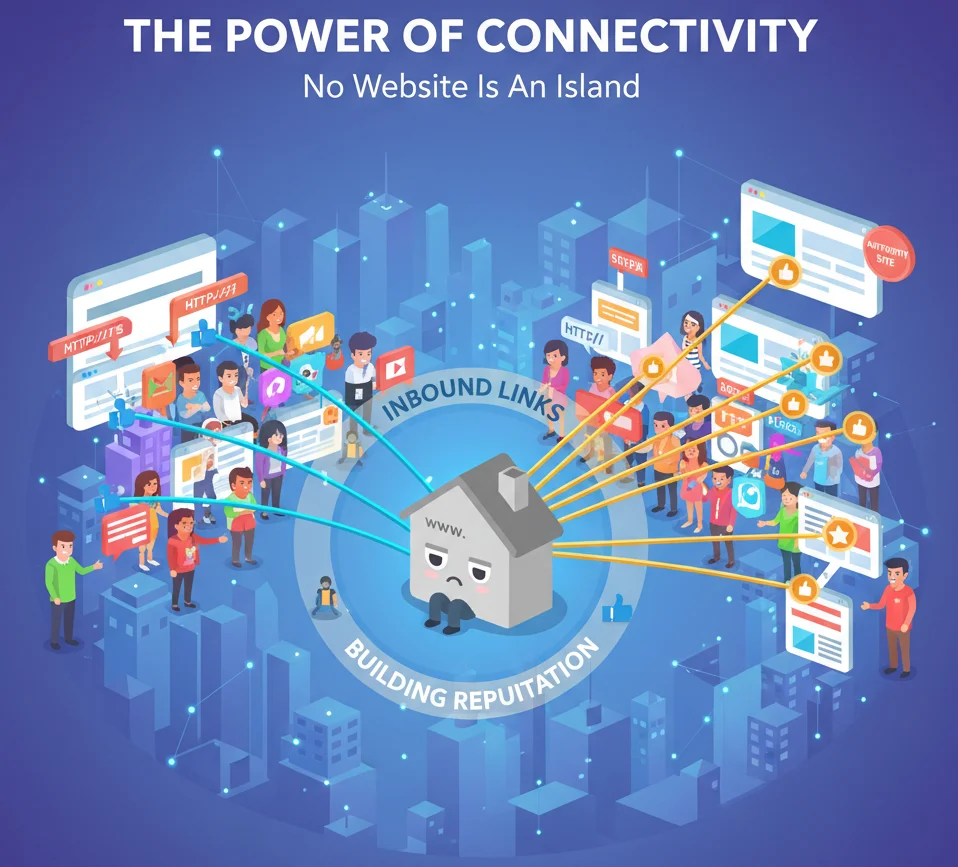 Infographic explaining how inbound links and backlinks help websites connect and grow