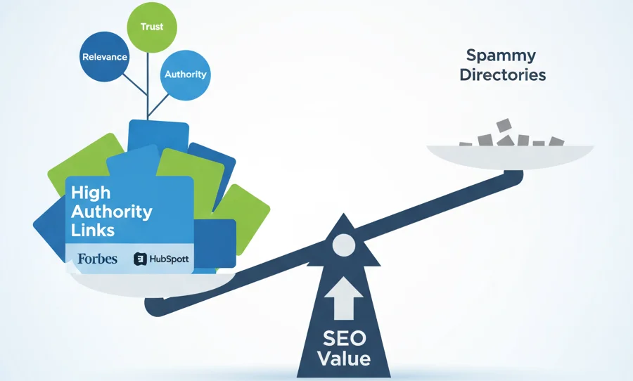 Infographic illustrating how high-quality backlinks increase brand trust and SEO authority compared to spammy links.