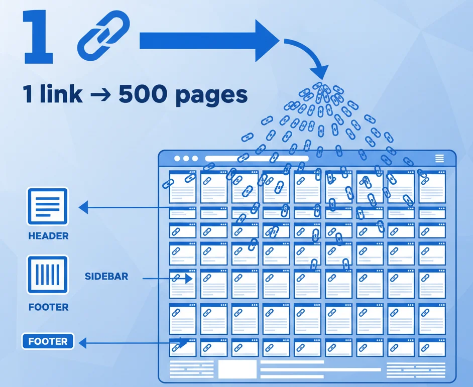 Infographic showing a sitewide backlink appearing in the footer across every page of a website.