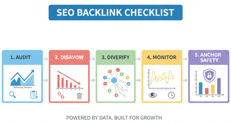 Infographic showing best practices for managing and auditing sitewide backlinks.