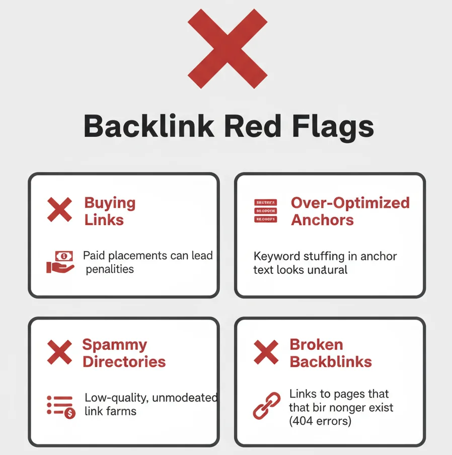 Infographic showing common backlink profile mistakes that can harm SEO rankings.