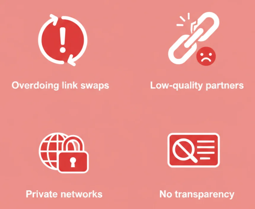 Infographic showing common mistakes to avoid in reciprocal link building, such as spammy partners or excessive link swapping.