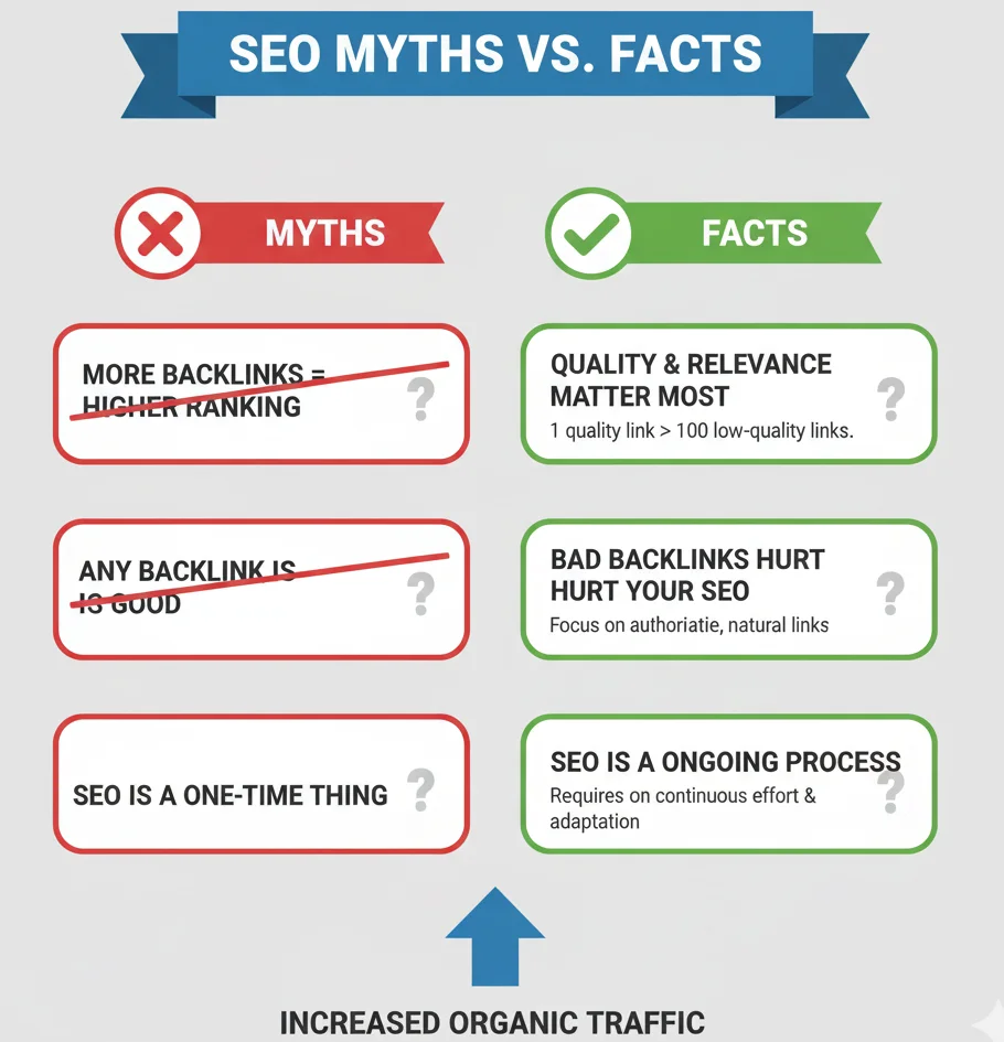 Infographic showing common myths and facts about external backlinks.