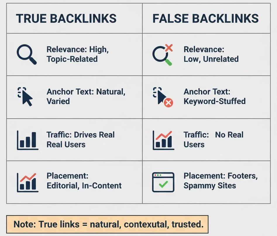 Infographic showing difference between true backlinks building growth and false backlinks causing penalties