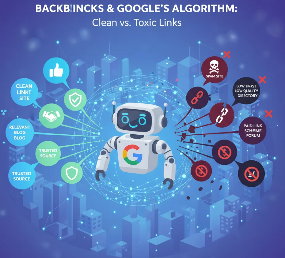Infographic showing how Google interprets backlinks and detects toxic links