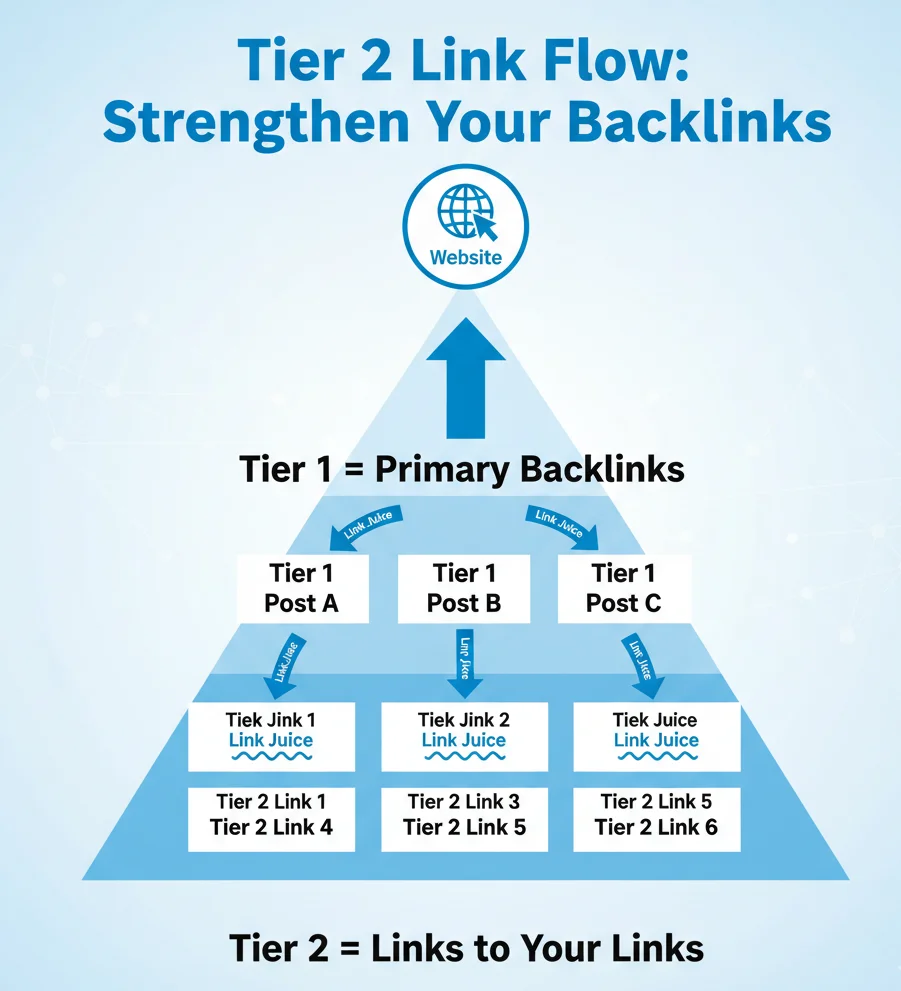 Infographic showing how Tier 2 backlinks strengthen Tier 1 links and boost SEO power.