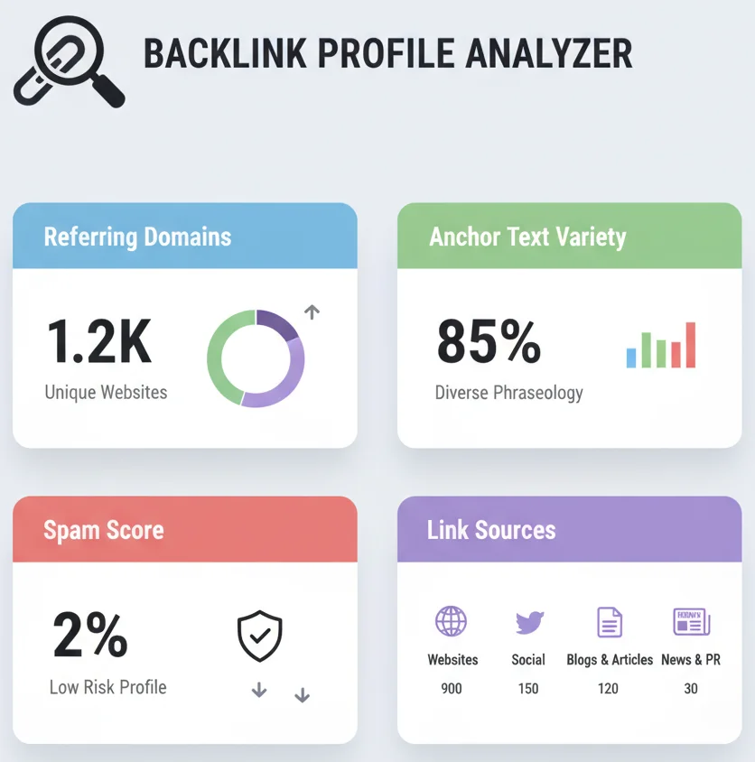 Infographic showing how to analyze backlink profile data and understand link quality.