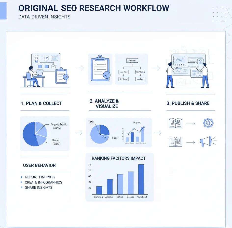 Infographic showing original research data, charts, and case study workflow for earning high-quality backlinks