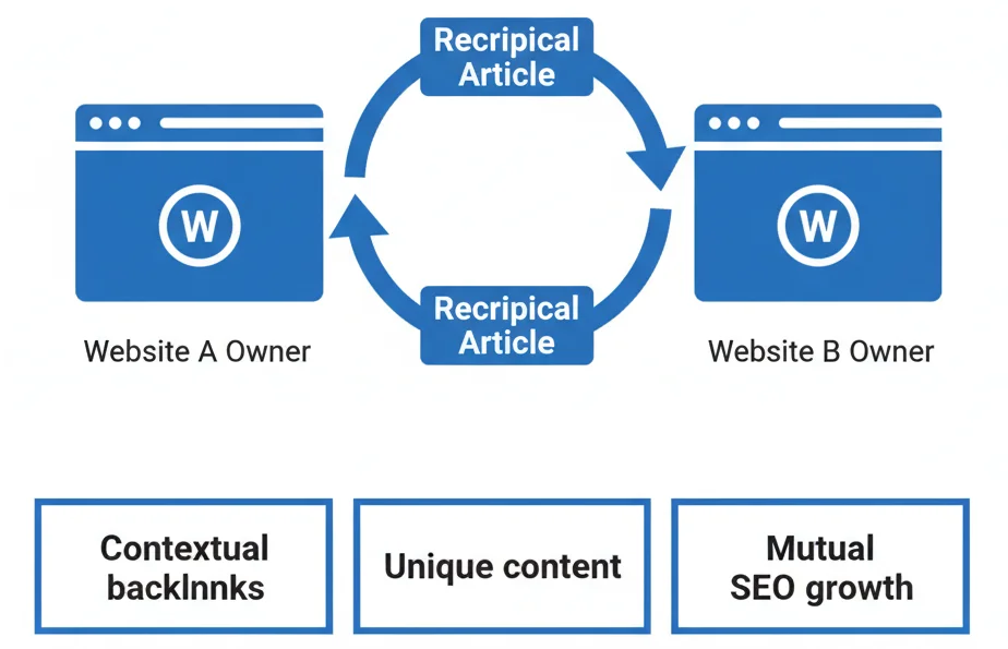 Infographic showing two websites exchanging unique reciprocal articles with contextual backlinks to build SEO authority.