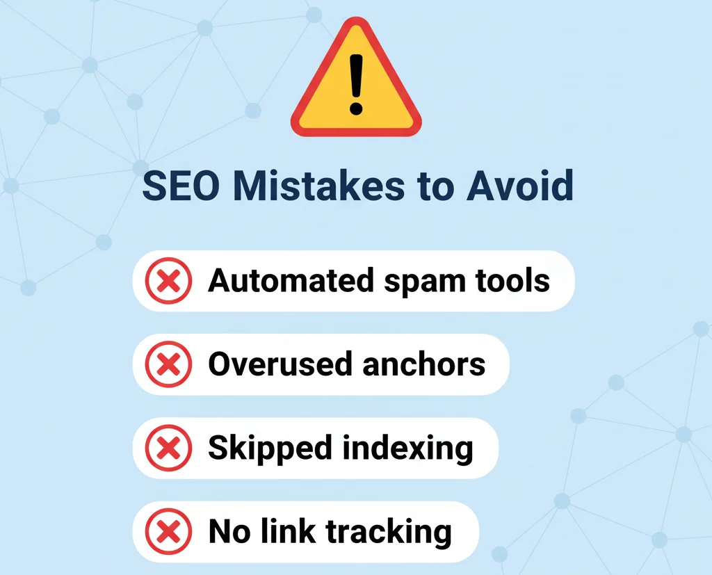 SEO checklist infographic showing common Tier 2 link-building mistakes to avoid