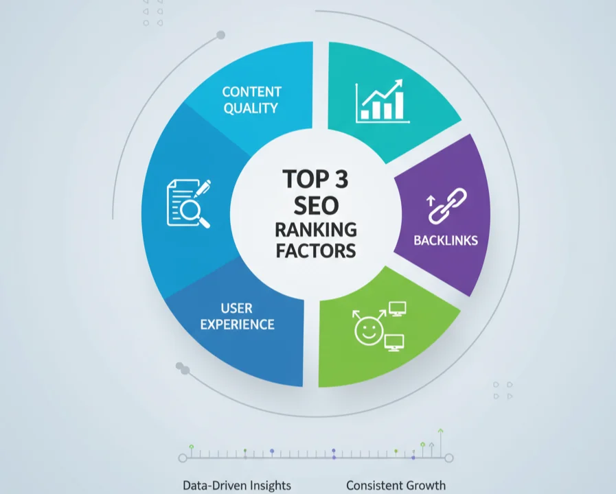SEO infographic highlighting backlinks as one of the top ranking factors in 2026 alongside content quality and UX.