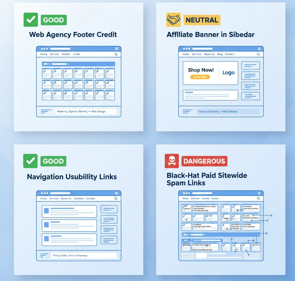 Visual comparison of natural sitewide backlinks versus manipulative sitewide spam links.”