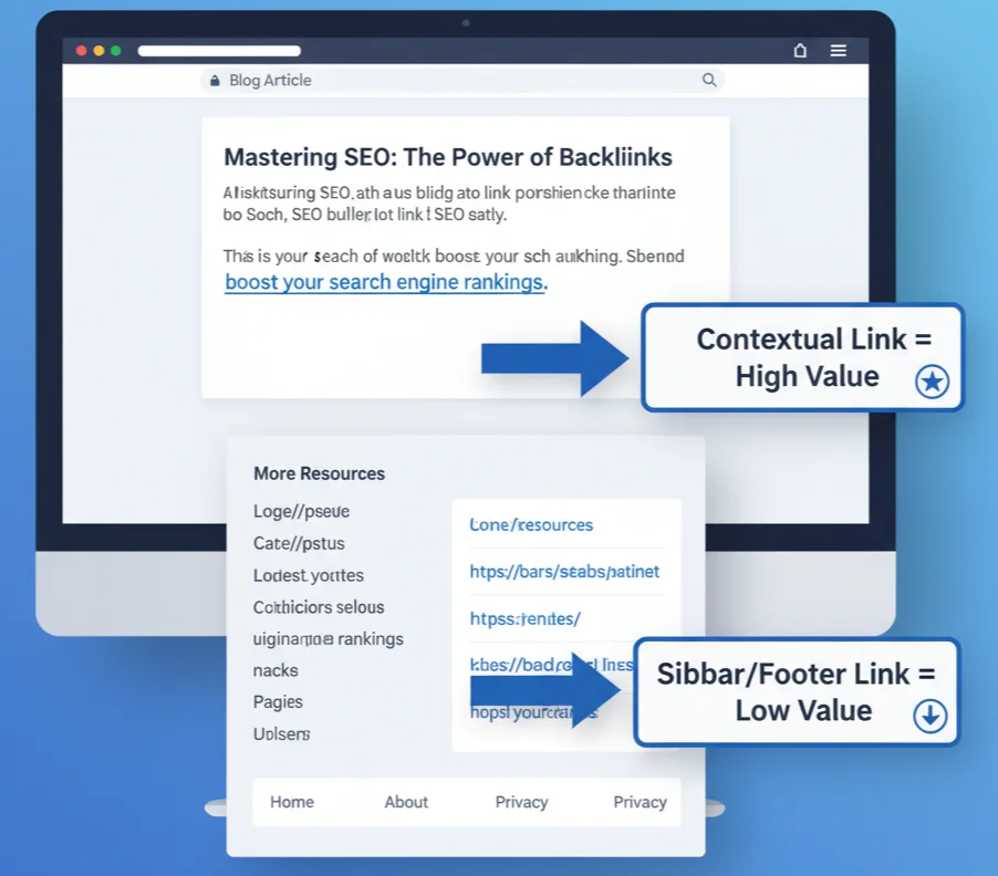 Visual showing contextual in-content links versus low-value sidebar links.