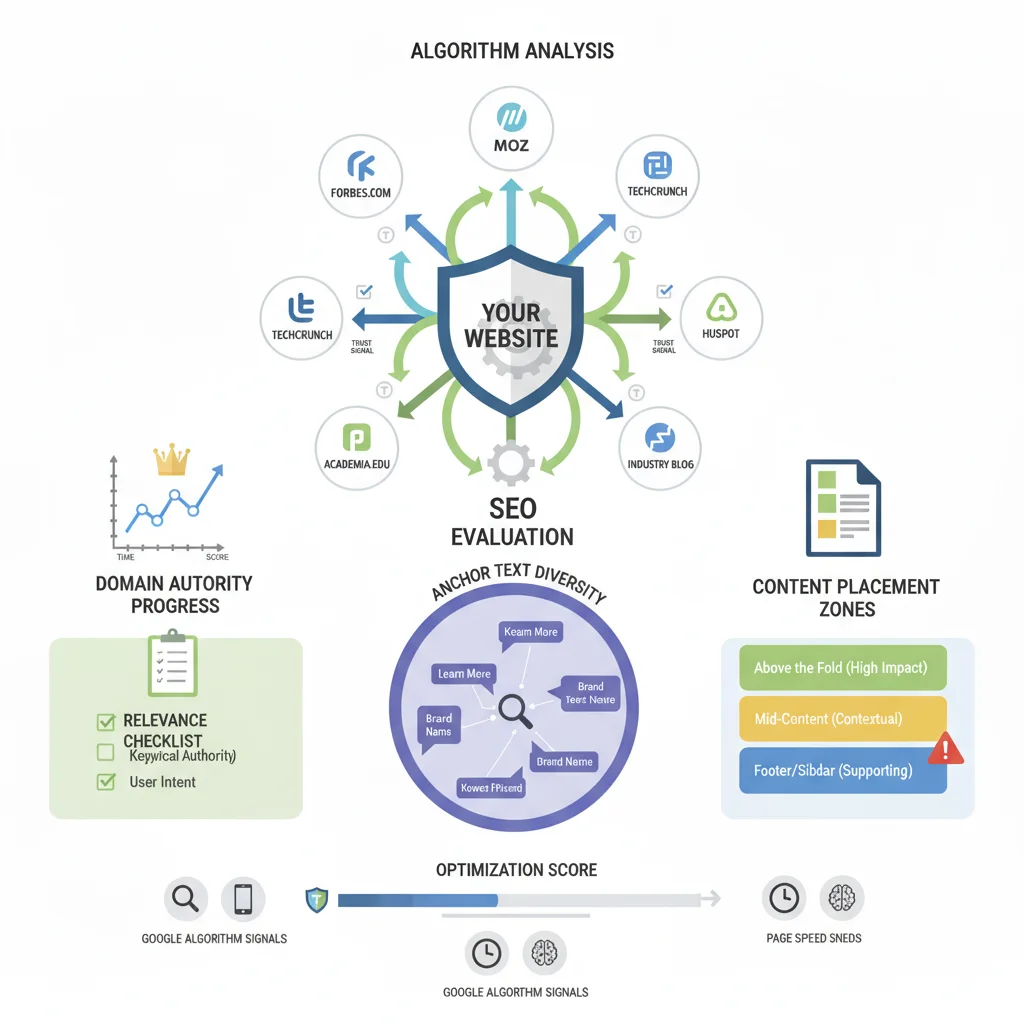 Visual showing how search engines evaluate authority, relevance and placement of backlinks