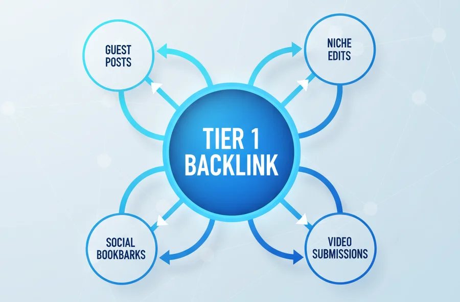 Visual web showing Tier 2 link acquisition methods connected to Tier 1 backlinks.