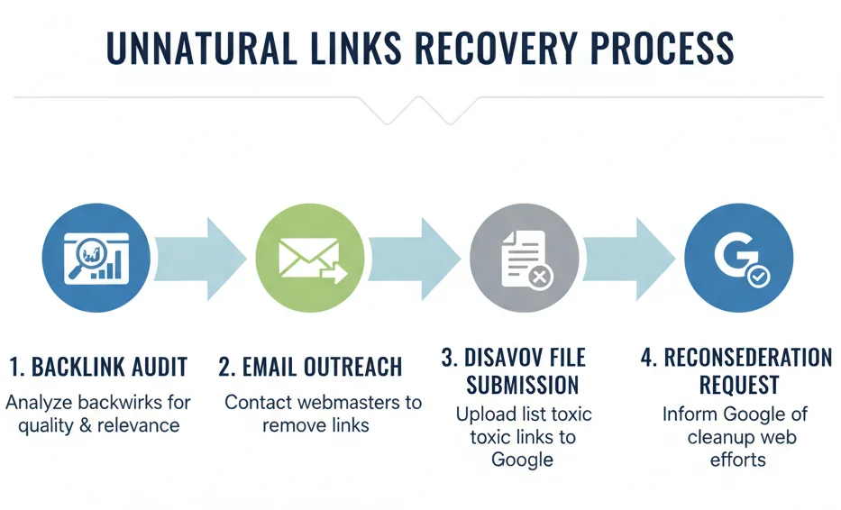 Steps to fix a Google Unnatural Links Warning with audit and disavow process.