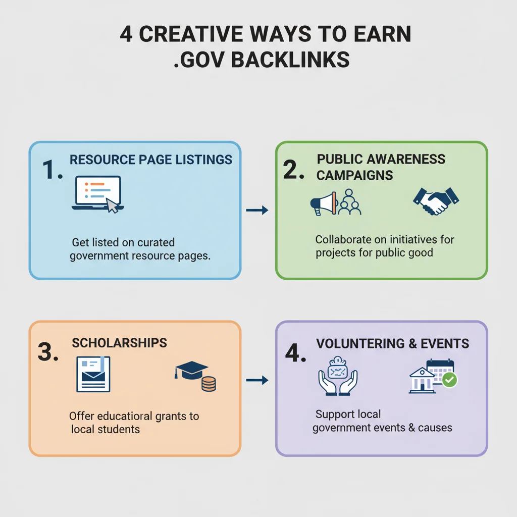Infographic showing natural ways to earn .gov backlinks through outreach and collaboration