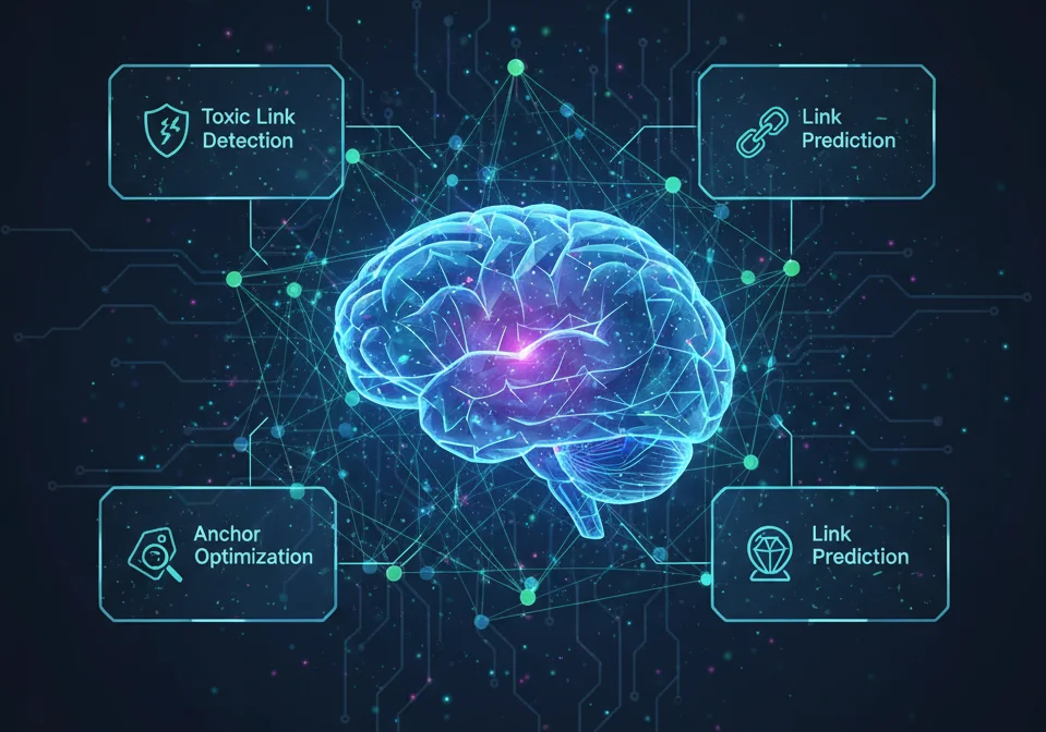 Visual infographic showing how AI tools analyze backlink profiles to detect toxicity and improve link quality.