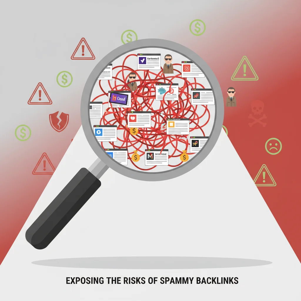 Graphic showing hidden dangers and risks of purchased backlinks.