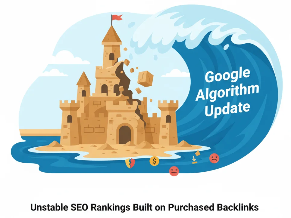Visual showing unstable SEO built on bought backlinks collapsing under Google updates