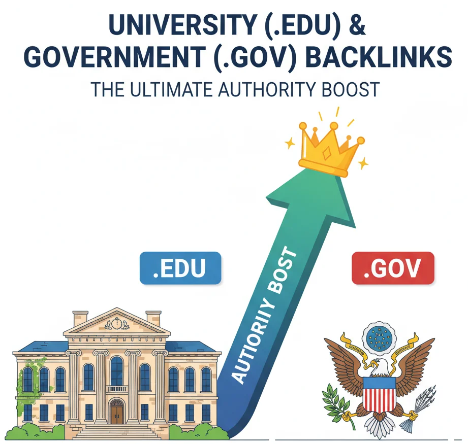 Illustration showing .edu and .gov backlinks as trusted SEO authority links.