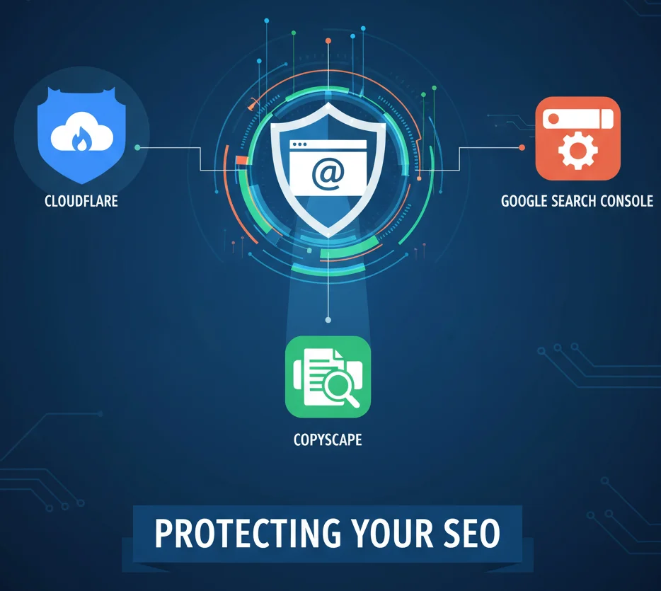 Visual of secure website defense against linkless SEO attacks.”
