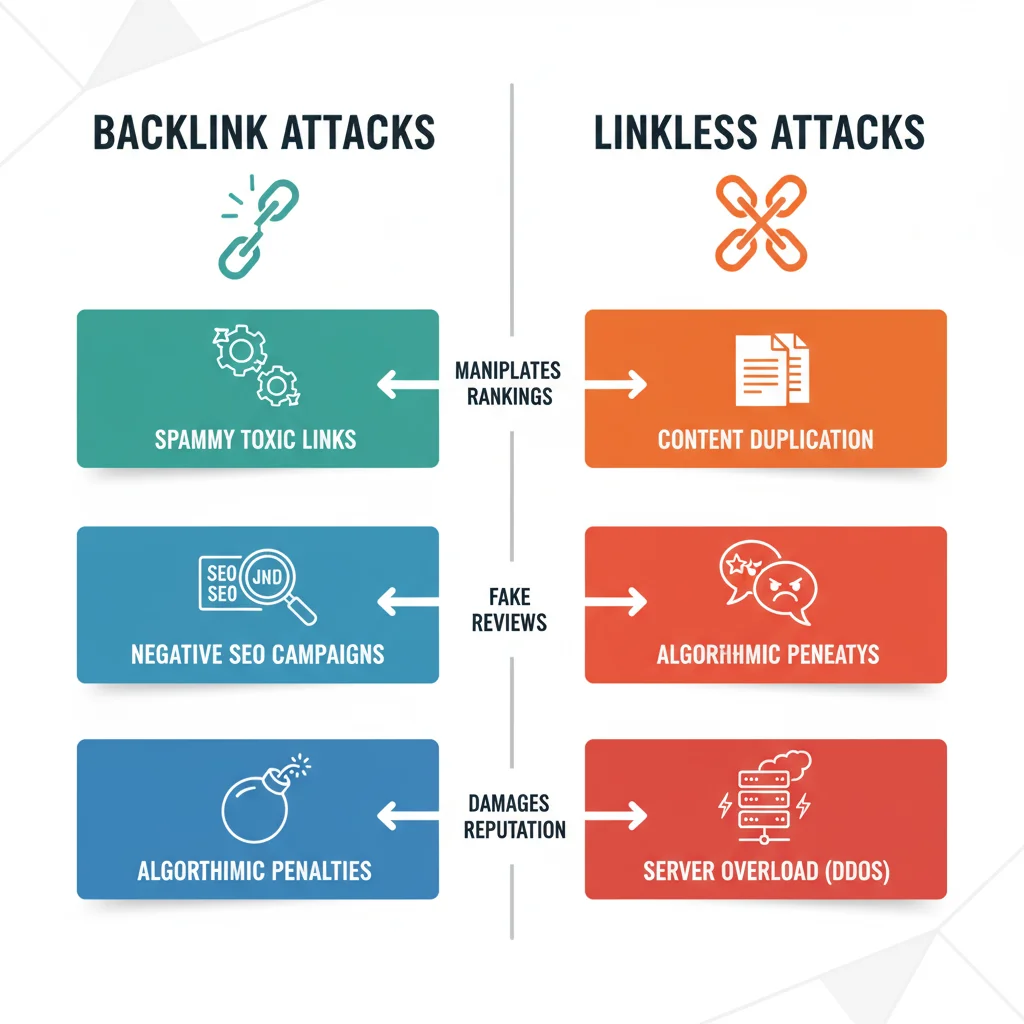 Comparison chart showing backlink-based vs linkless SEO attacks